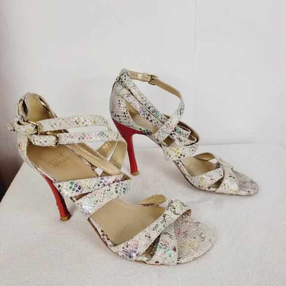 Stuart Weitzman womens rainbow snakeskin strappy high heel sandal size 8.5 - Picture 2 of 11